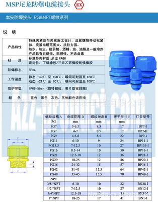 【藍色 本安防爆尼龍電纜接頭】價格,廠家,圖片,直通、接頭,南京美盛電氣儀表工程-